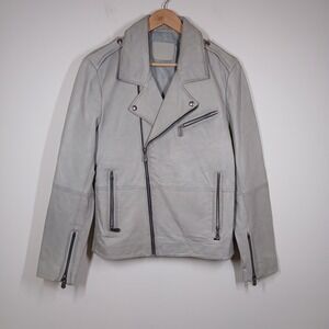 Velez Moto Jacket Mens Medium Light Gray Sheep Leather Biker Cafe Racer Zip Punk